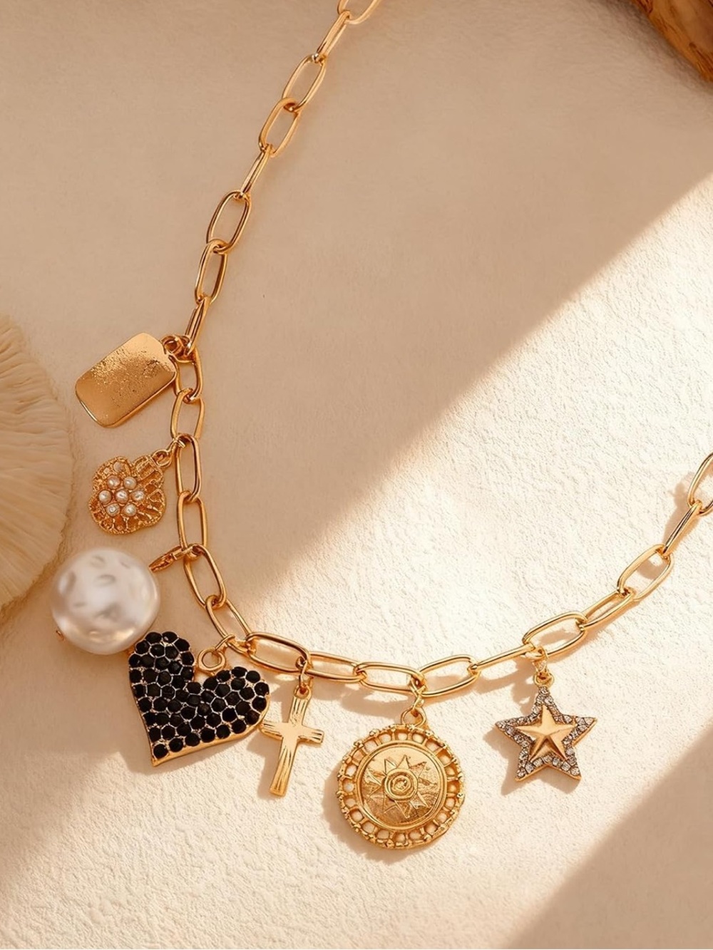 Anthropologie Gold Charm Necklace with Black Heart, Pearl & Star